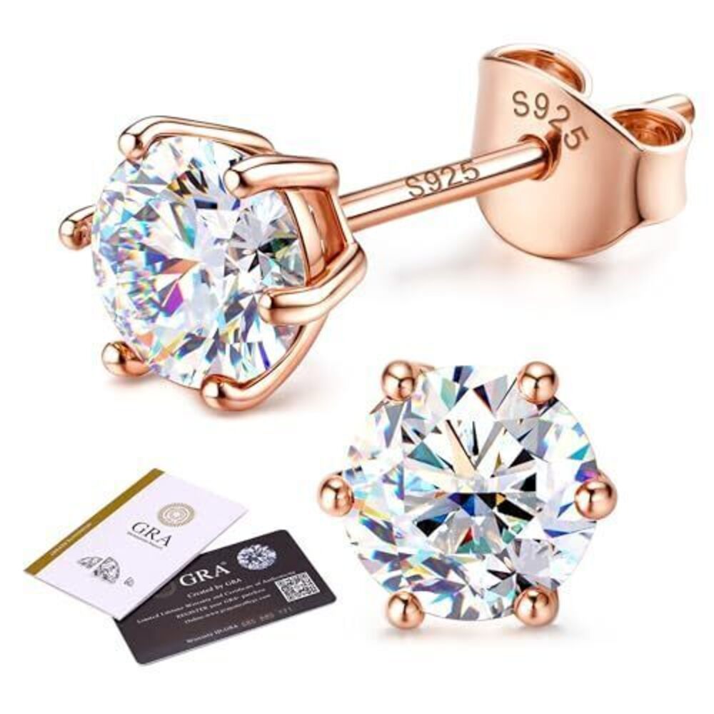 9292 Moissanite Earrings Studs : 18K Rose Gold Plated 925 Sterling Silver - Picture 1 of 7
